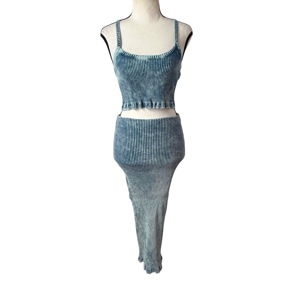 Zara Matching 2-Piece Skirt & Tank Set Acid‎ Washed Blue Ribbed Knit Cotton